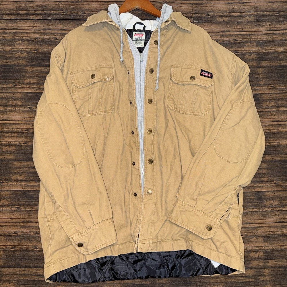 Genuine Dickies Mens Brown Canvas Hooded Shirt Jacket Lined XL